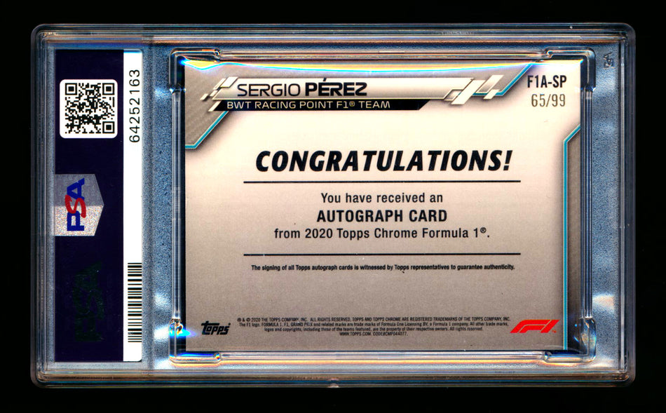 2020 Topps Chrome F1 #F1A-SP Sergio Perez RC Refractor Autograph #65/99 PSA 8 DNA 10