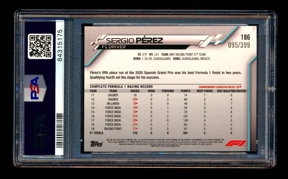 2020 Topps Chrome F1 #186 Sergio Perez RC Purple Refractor #095/399 PSA 9 ** (SOLD - $25.00 - 10/23/2024) **