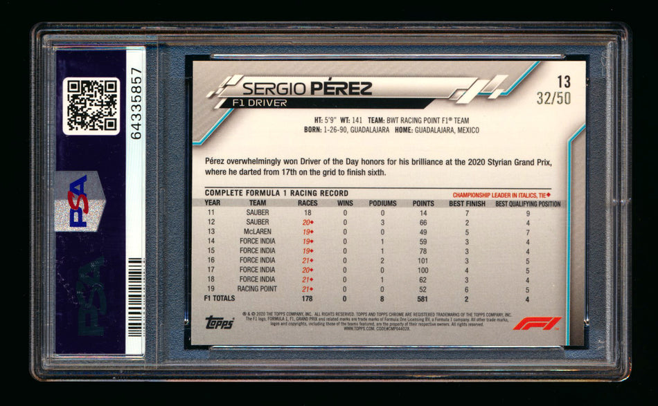 2020 Topps Chrome F1 #13 Sergio Perez RC Gold Refractor Portrait #32/50 PSA 9 ** (SOLD - $495.00 - 10/28/2024) **