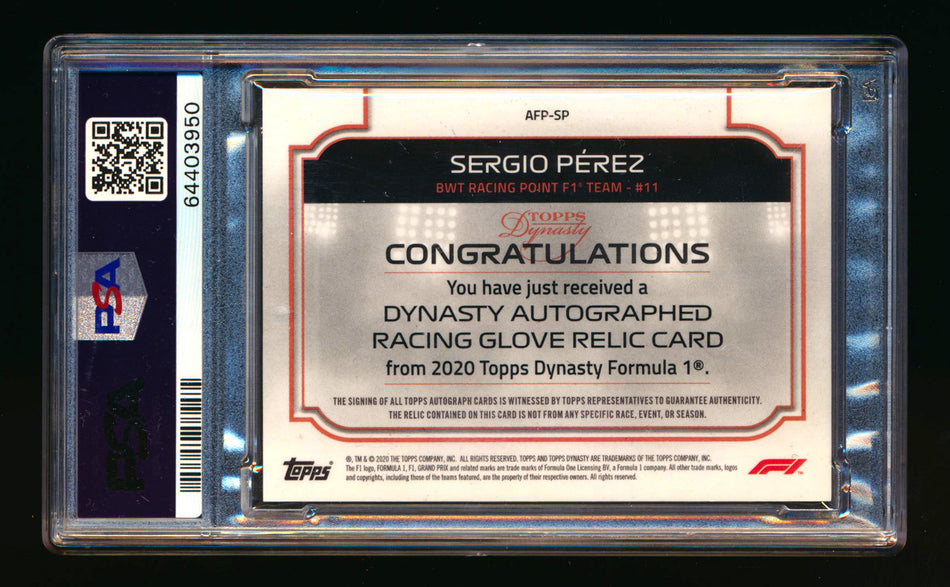 2020 Topps Dynasty F1 #AFP-SP Sergio Perez ROOKIE Glove Patch Autograph #04/10 PSA 9 DNA 10 ** (SOLD - $1,050.00 - 10/23/2024) **