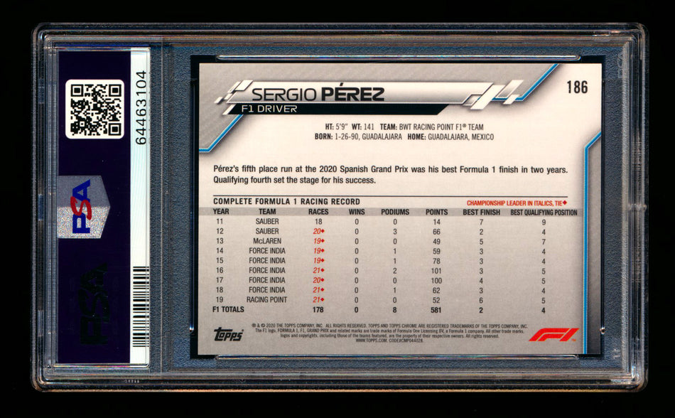 2020 Topps Chrome F1 #186 Sergio Perez RC 70th Anniversary Orange Refractor PSA 9 ** (SOLD - $59.00 - 12/7/2024) **