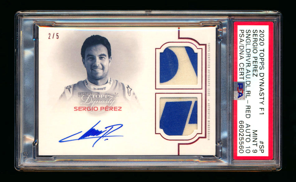 2020 Topps Dynasty F1 #SDA-SP Sergio Perez ROOKIE Red Dual Patch Autograph #2/5 PSA 9 Mint DNA 10 ** (SOLD - $950.00 - 11/22/2024) **