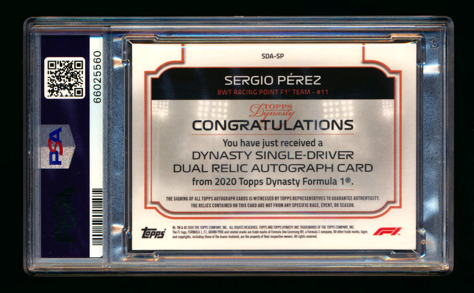 2020 Topps Dynasty F1 #SDA-SP Sergio Perez ROOKIE Red Dual Patch Autograph #2/5 PSA 9 Mint DNA 10 ** (SOLD - $950.00 - 11/22/2024) **