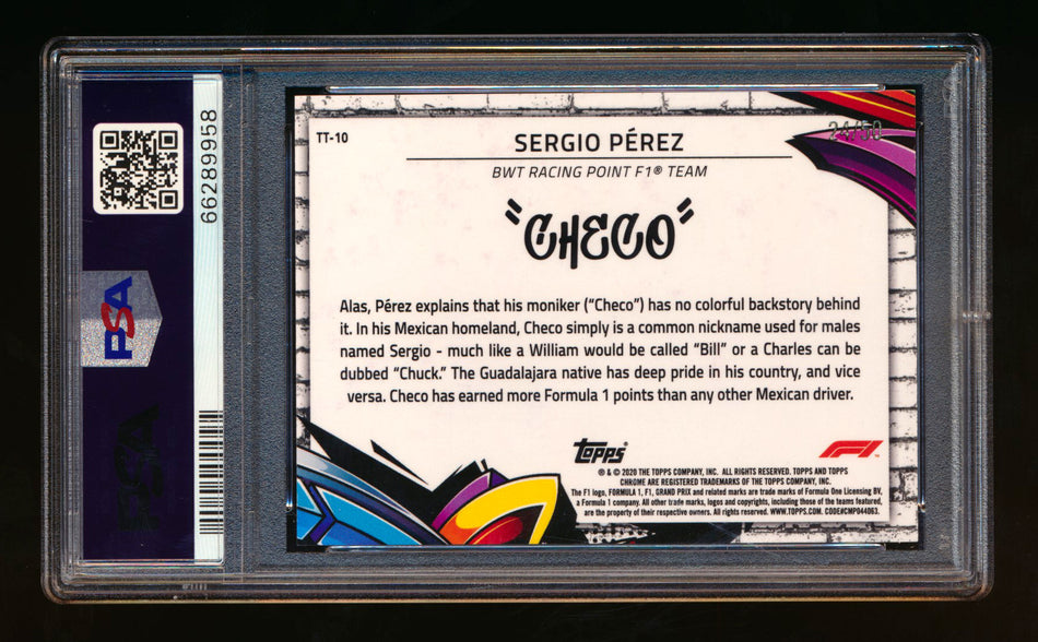 2020 Topps Chrome F1 Track Tags #TT-10 Sergio "Checo" Perez RC Gold Refractor #24/50 PSA 8 ** (SOLD - $395.00 - 10/25/2024) **