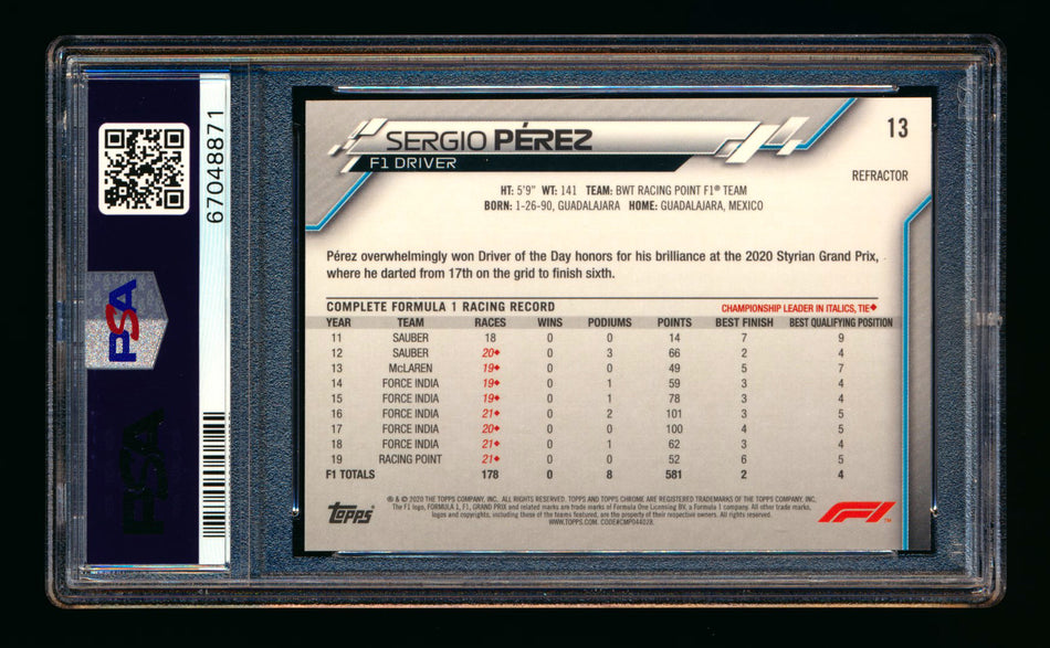 2020 Topps Chrome F1 #13 Sergio Perez RC Refractor Portrait PSA 10