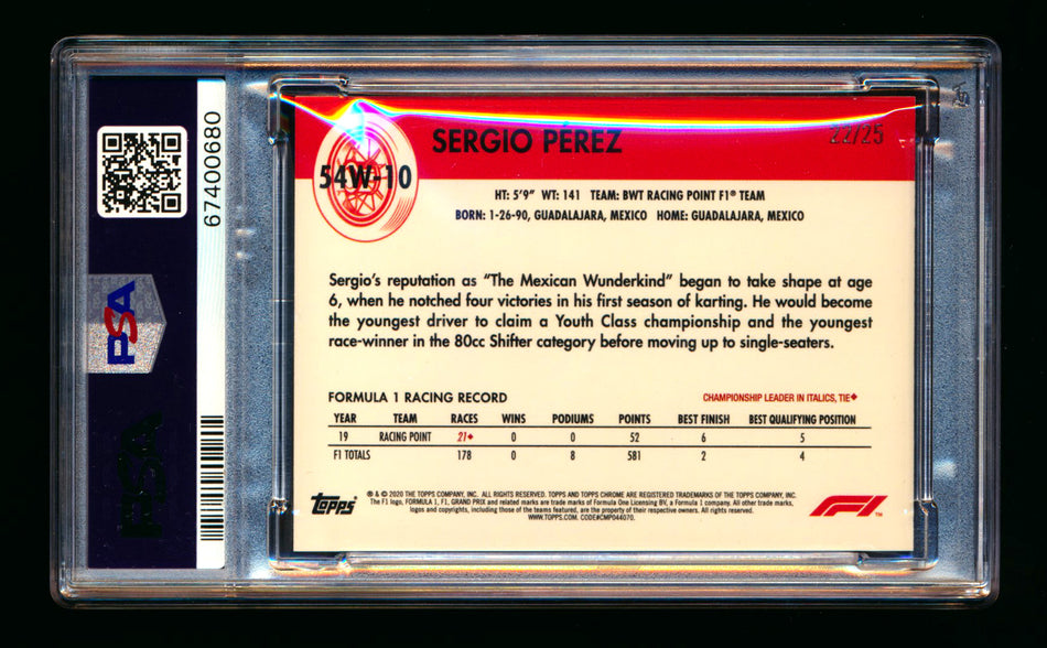 2020 Topps Chrome F1 1954 World on Wheels #54W-10 Sergio Perez RC Orange Refractor #22/25 PSA 9