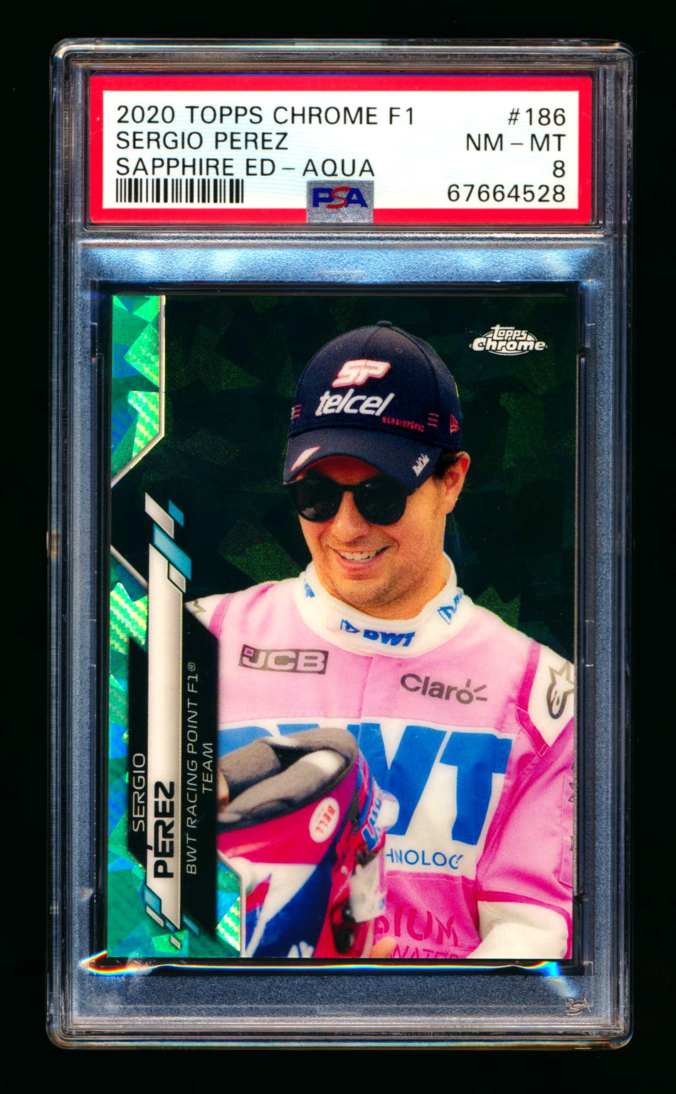 2020 Topps Chrome Sapphire F1 #186 Sergio Perez RC Aqua Refractor #36/99 PSA 8