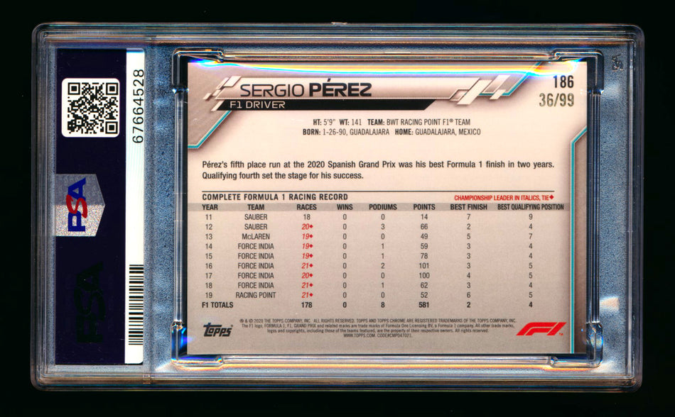 2020 Topps Chrome Sapphire F1 #186 Sergio Perez RC Aqua Refractor #36/99 PSA 8