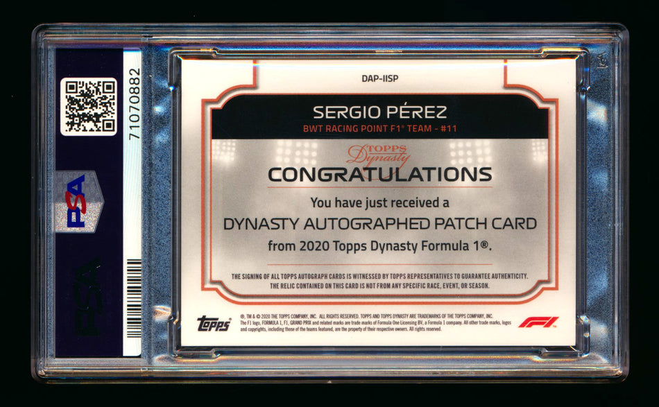 2020 Topps Dynasty F1 #DAP-IISP Sergio Perez ROOKIE Patch Autograph #07/10 PSA 9 Mint ** (SOLD - $1095.00 - 12/7/2024) **