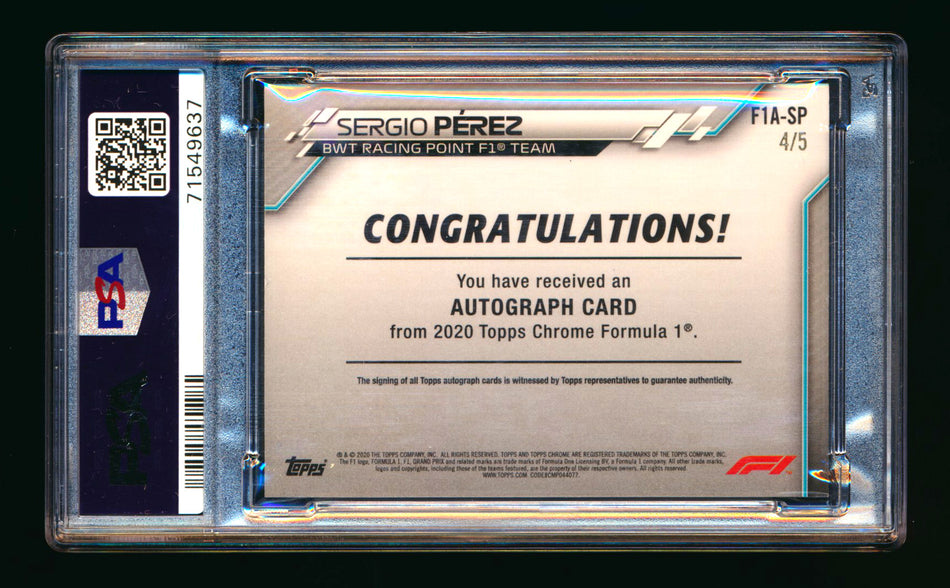 2020 Topps Chrome F1 #F1A-SP Sergio Perez RC Red Refractor Autograph #4/5 PSA 8 ** (SOLD - $9,200.00 - 2/10/2026) **