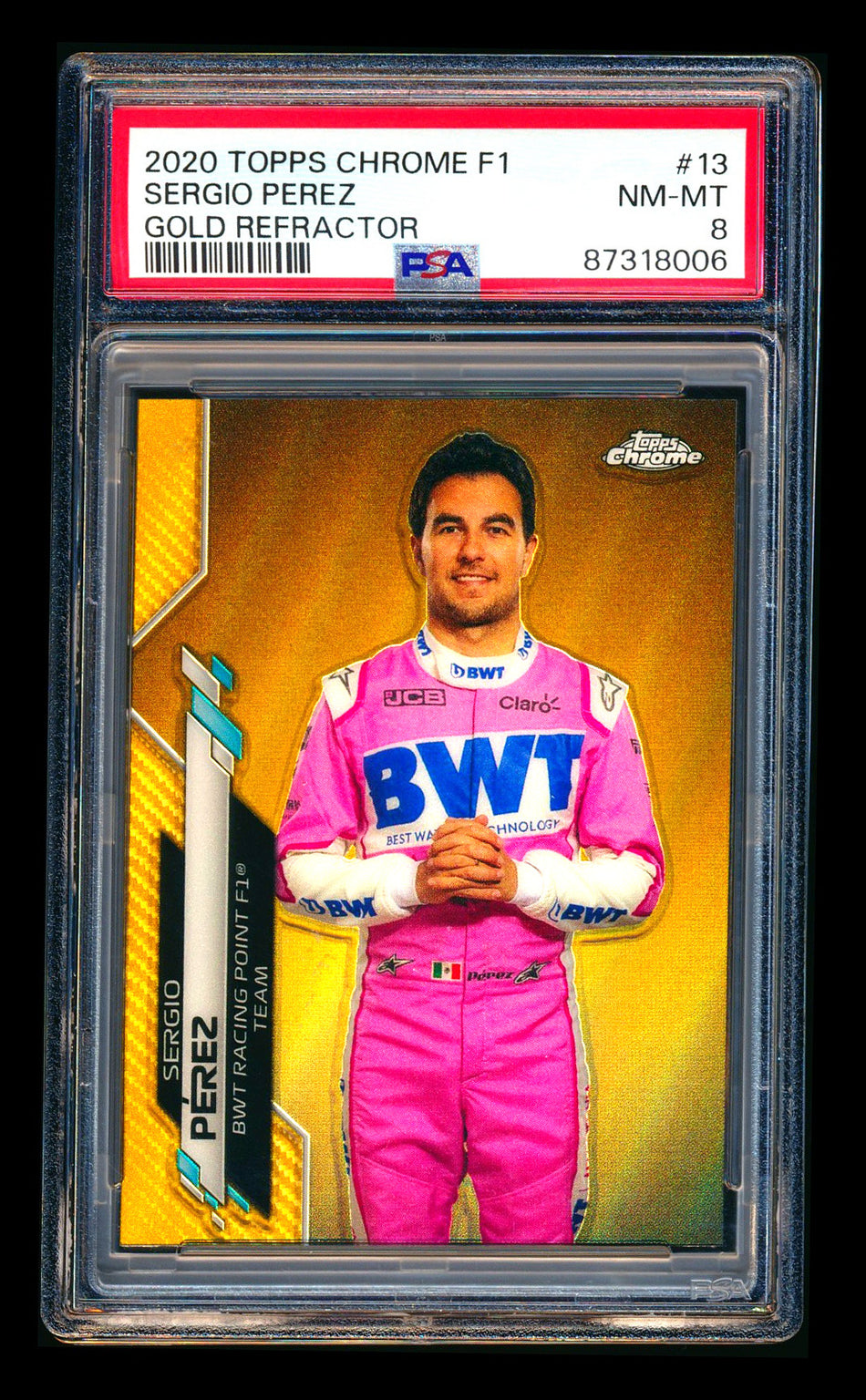 2020 Topps Chrome F1 #13 Sergio Perez RC Gold Refractor Portrait #17/50 PSA 8