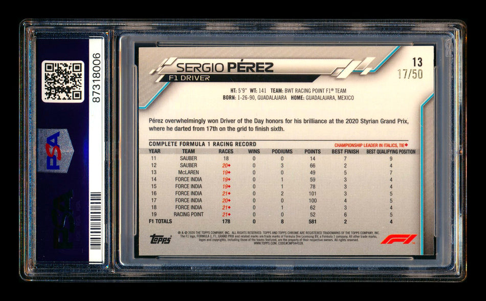 2020 Topps Chrome F1 #13 Sergio Perez RC Gold Refractor Portrait #17/50 PSA 8