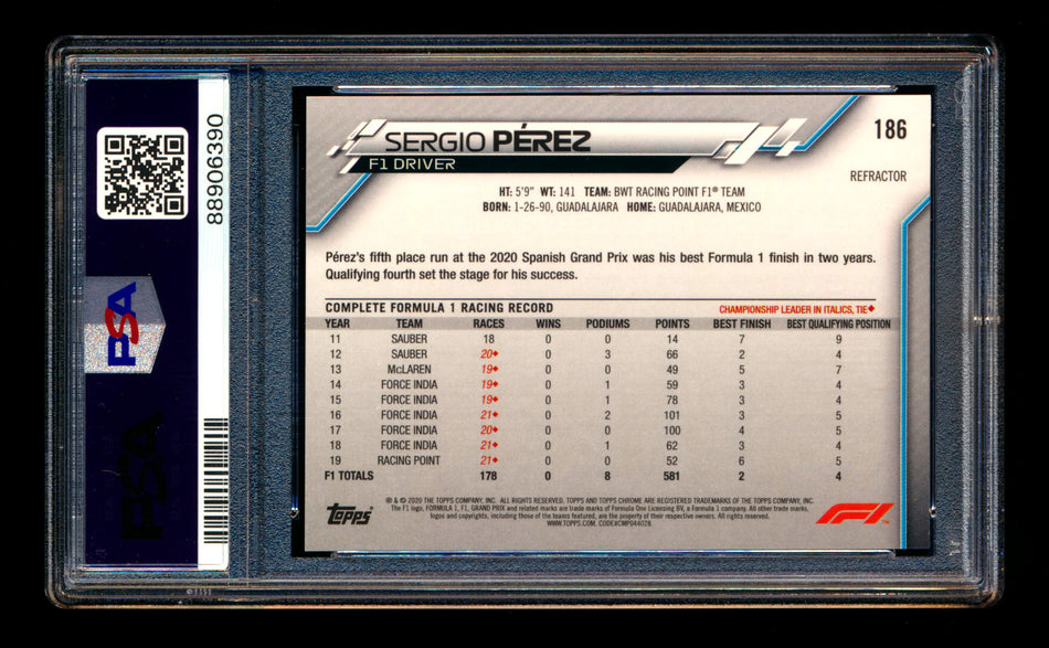 2020 Topps Chrome F1 #186 Sergio Perez RC Refractor PSA 9