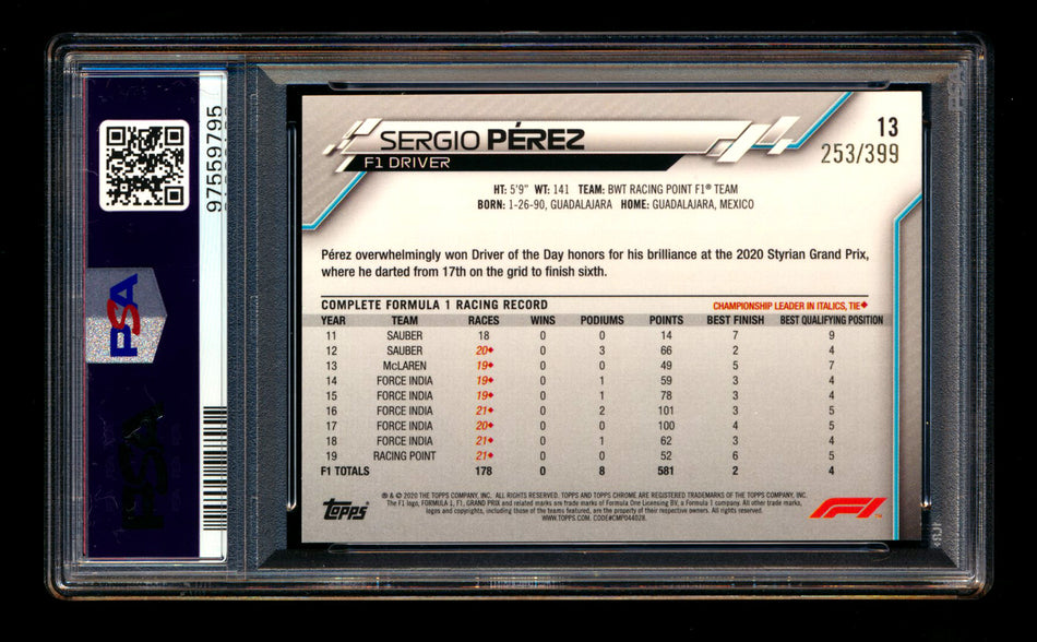 2020 Topps Chrome F1 #13 Sergio Perez RC Purple Refractor Portrait #253/399 PSA 9 ** (SOLD - $65.00 - 1/30/2025) **