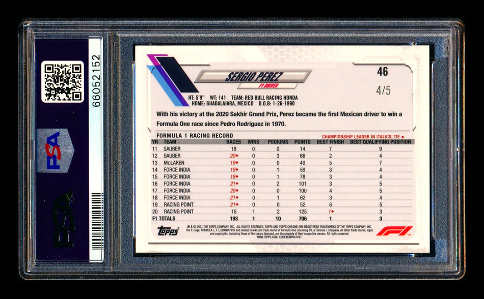 2021 Topps Chrome F1 #46 Sergio Perez Red Refractor #4/5 PSA 10 - POP 1!