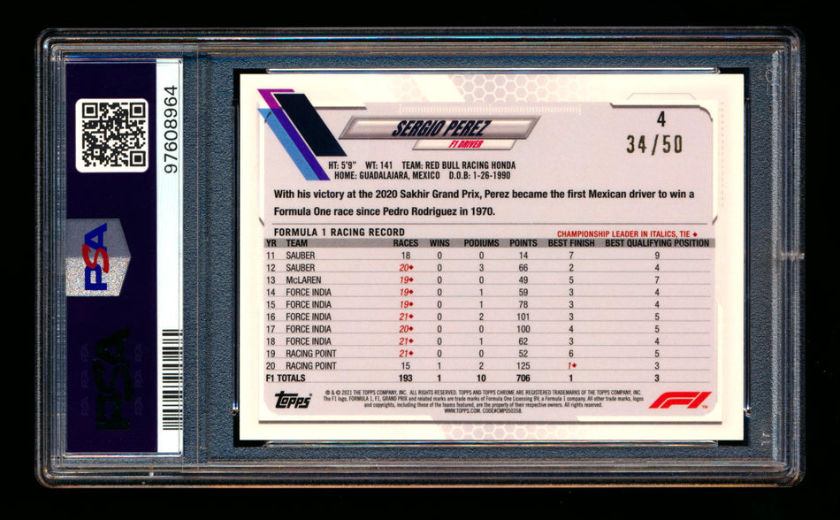 2021 Topps Chrome Sapphire F1 #4 Sergio Perez Gold Refractor Image Variation SP #34/50 PSA 9 ** (SOLD - $49.00 - 2/7/2025) **