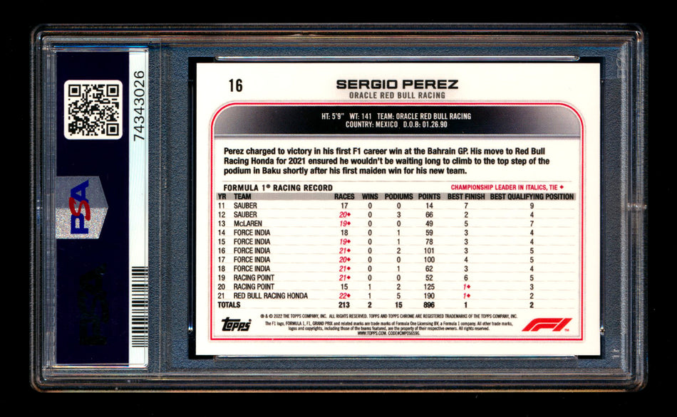 2022 Topps Chrome F1 #16 Sergio Perez Refractor Image Variation SSP PSA 10