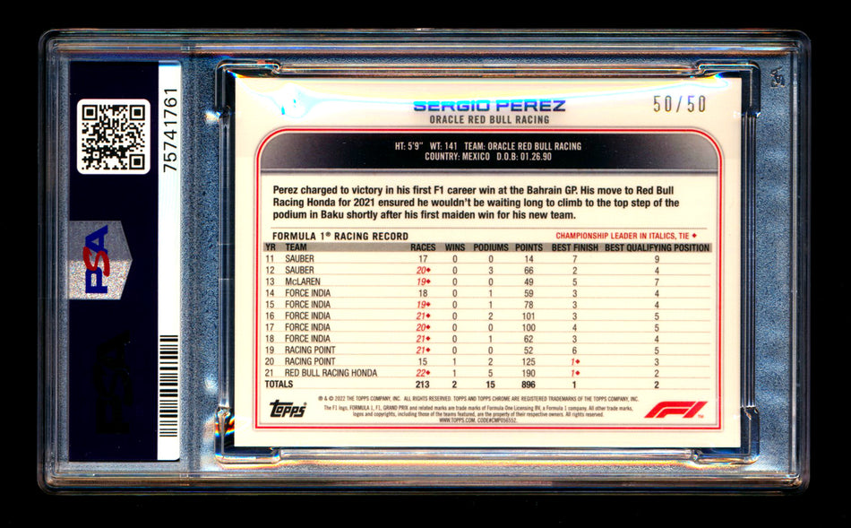2022 Topps Chrome Sapphire F1 #16 Sergio Perez Gold Refractor Image Variation SSP #50/50 PSA 9 (Last Number!) ** (SOLD eBay - $45.00 - 3/11/2025) **