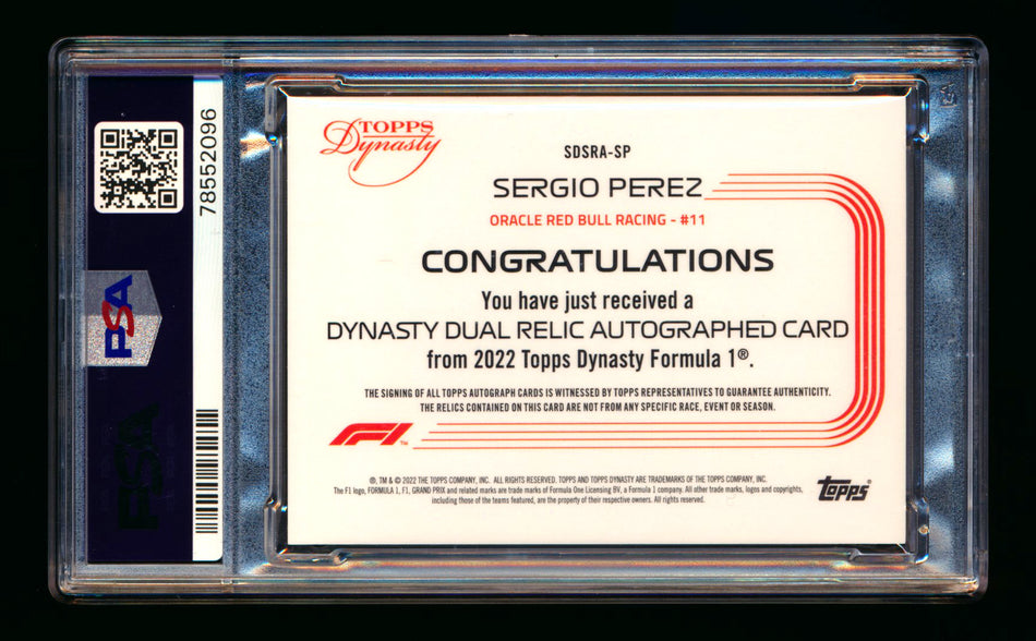 2022 Topps Dynasty F1 #SDSRA-SP Sergio Perez Black Dual Patch Autograph #2/2 PSA 9 Mint ** (SOLD - $775.00 - 12/7/2024) **