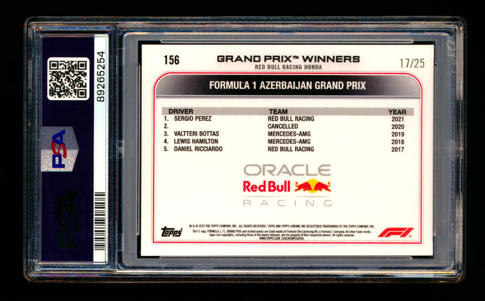 2022 Topps Chrome F1 #156 Sergio Perez Orange Wave Refractor #17/25 PSA 10