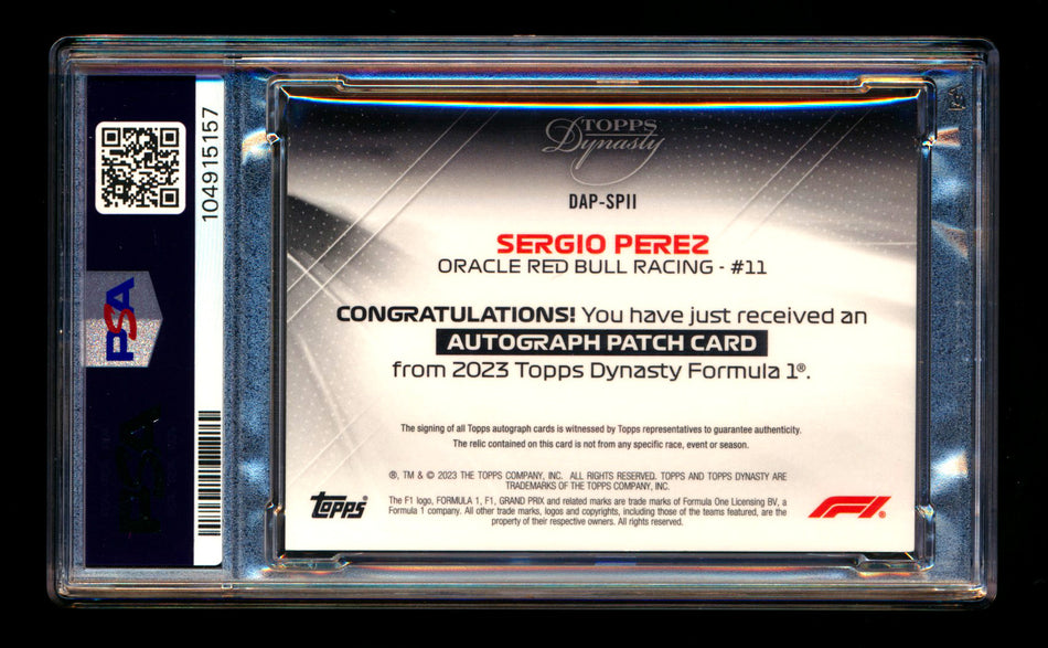 2023 Topps Dynasty F1 #DAP-SPII Sergio Perez Patch Autograph #01/10 PSA 9 Mint (First #!) ** (SOLD eBay - $550.00 - 8/23/2025) **