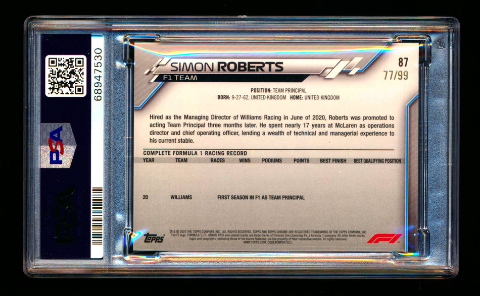 2020 Topps Chrome Sapphire F1 #87 Simon Roberts RC Aqua Refractor #77/99 PSA 9