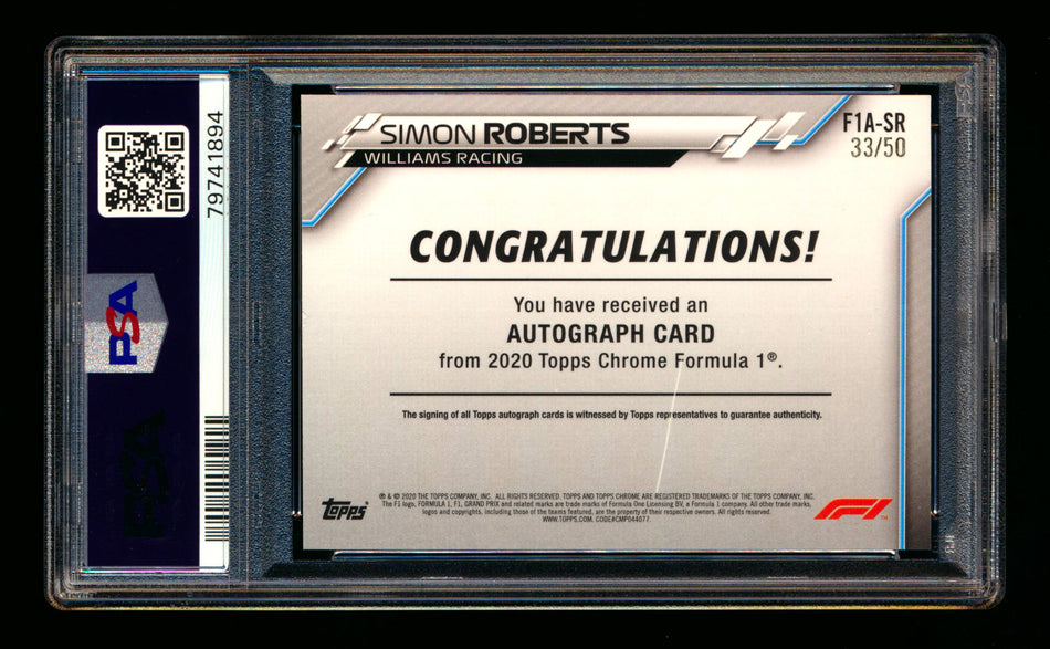 2020 Topps Chrome F1 #F1A-SR Simon Roberts RC Gold Wave Refractor Autograph #33/50 PSA 8 DNA 10 ** (SOLD - $95.00 - 11/1/2025) **