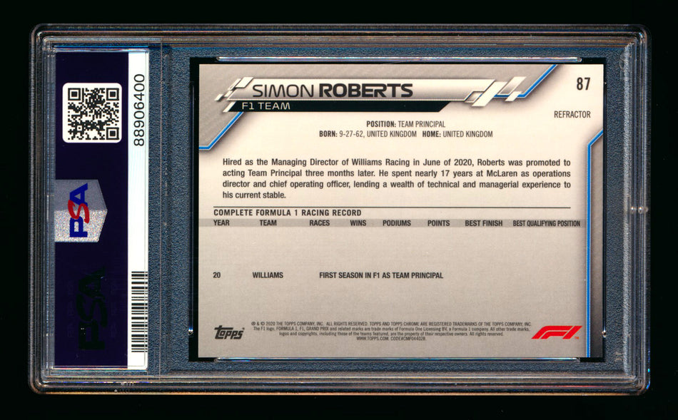 2020 Topps Chrome F1 #87 Simon Roberts RC Refractor PSA 9