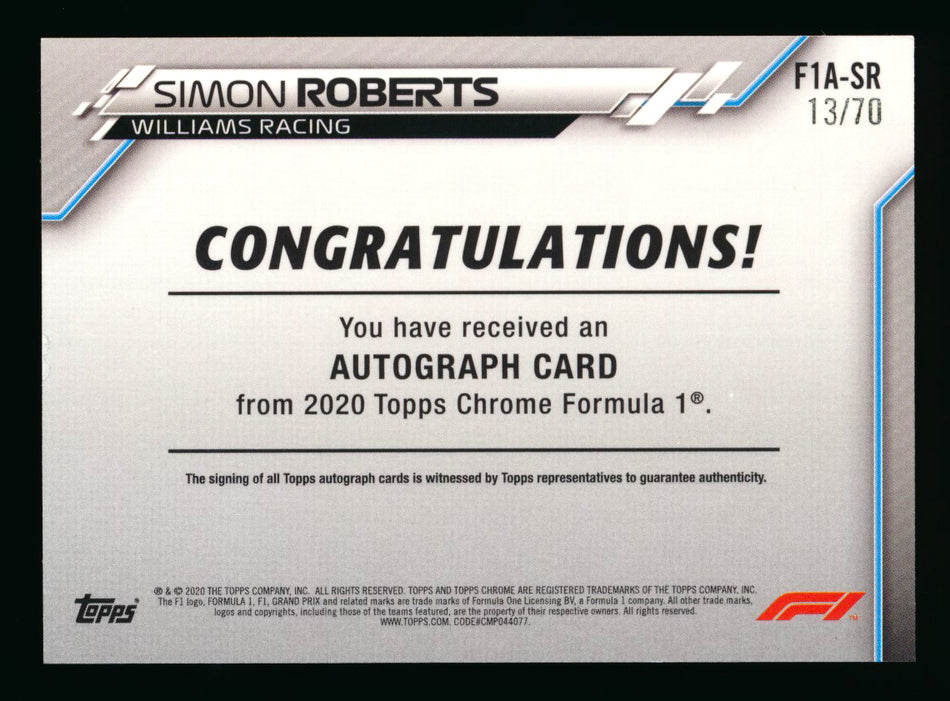 2020 Topps Chrome F1 #F1A-SR Simon Roberts RC Refractor Autograph #13/70 (Ultimate Wishlist - Wish Granted!) ** (SOLD - $100.00 - 11/15/2024) **