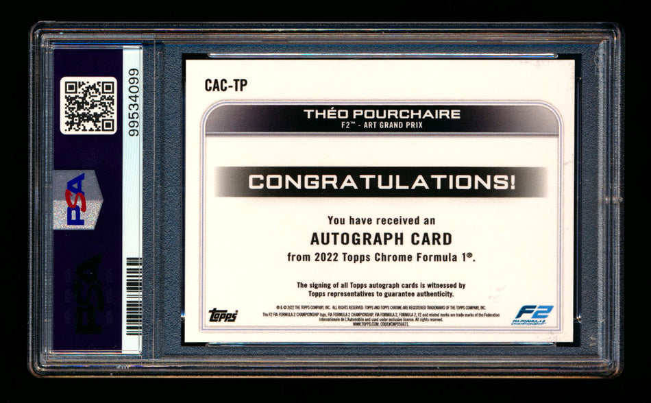 2022 Topps Chrome F1 #CAC-TP Theo Pourchaire RC Refractor Autograph PSA 10