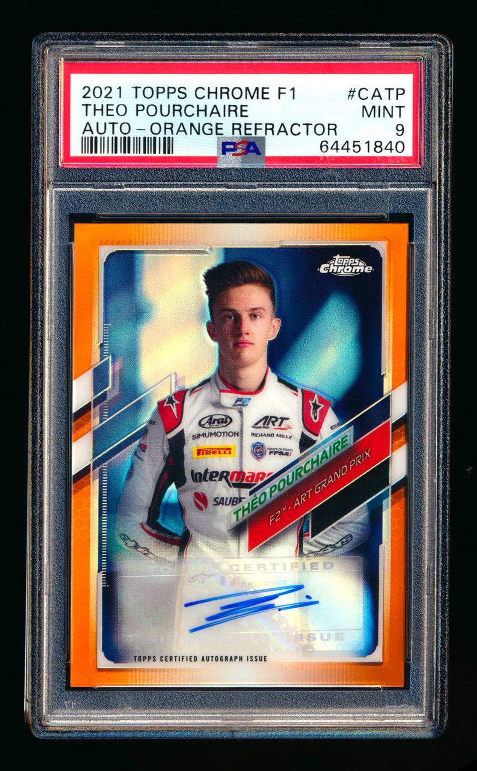 2021 Topps Chrome F1 #CA-TP Theo Pourchaire RC Orange Refractor Autograph #20/25 PSA 9