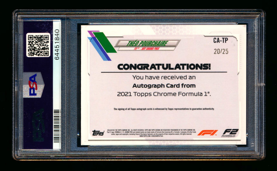 2021 Topps Chrome F1 #CA-TP Theo Pourchaire RC Orange Refractor Autograph #20/25 PSA 9