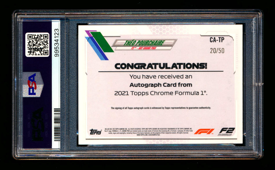 2021 Topps Chrome F1 #CA-TP Theo Pourchaire RC Gold Wave Refractor Autograph #20/50 PSA 10