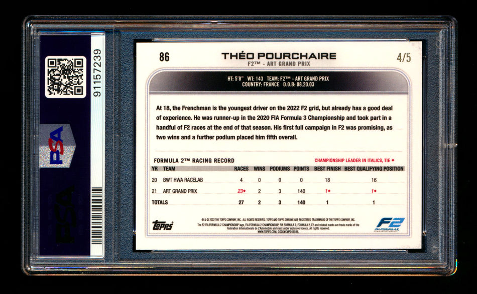 2022 Topps Chrome F1 #86 Theo Pourchaire RC Red Raywave Refractor #4/5 PSA 9 ** (SOLD - $149.00 - 8/16/2025) **