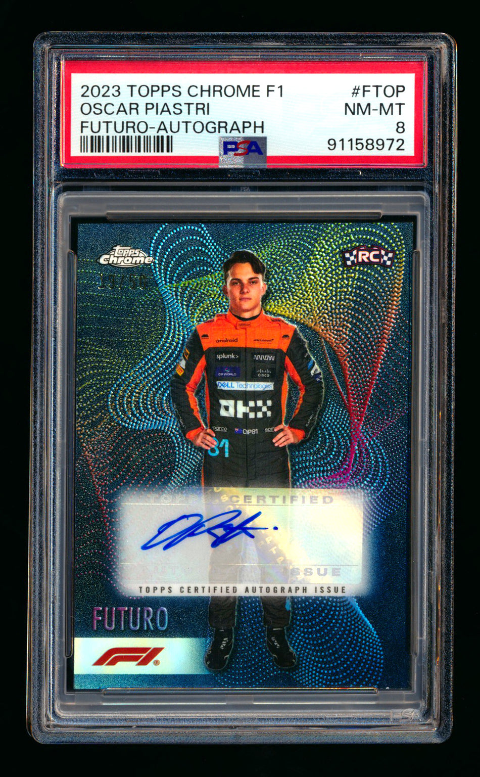 2023 Topps Chrome F1 Futuro #FT-OP Oscar Piastri RC Refractor Autograph #19/50 PSA 8