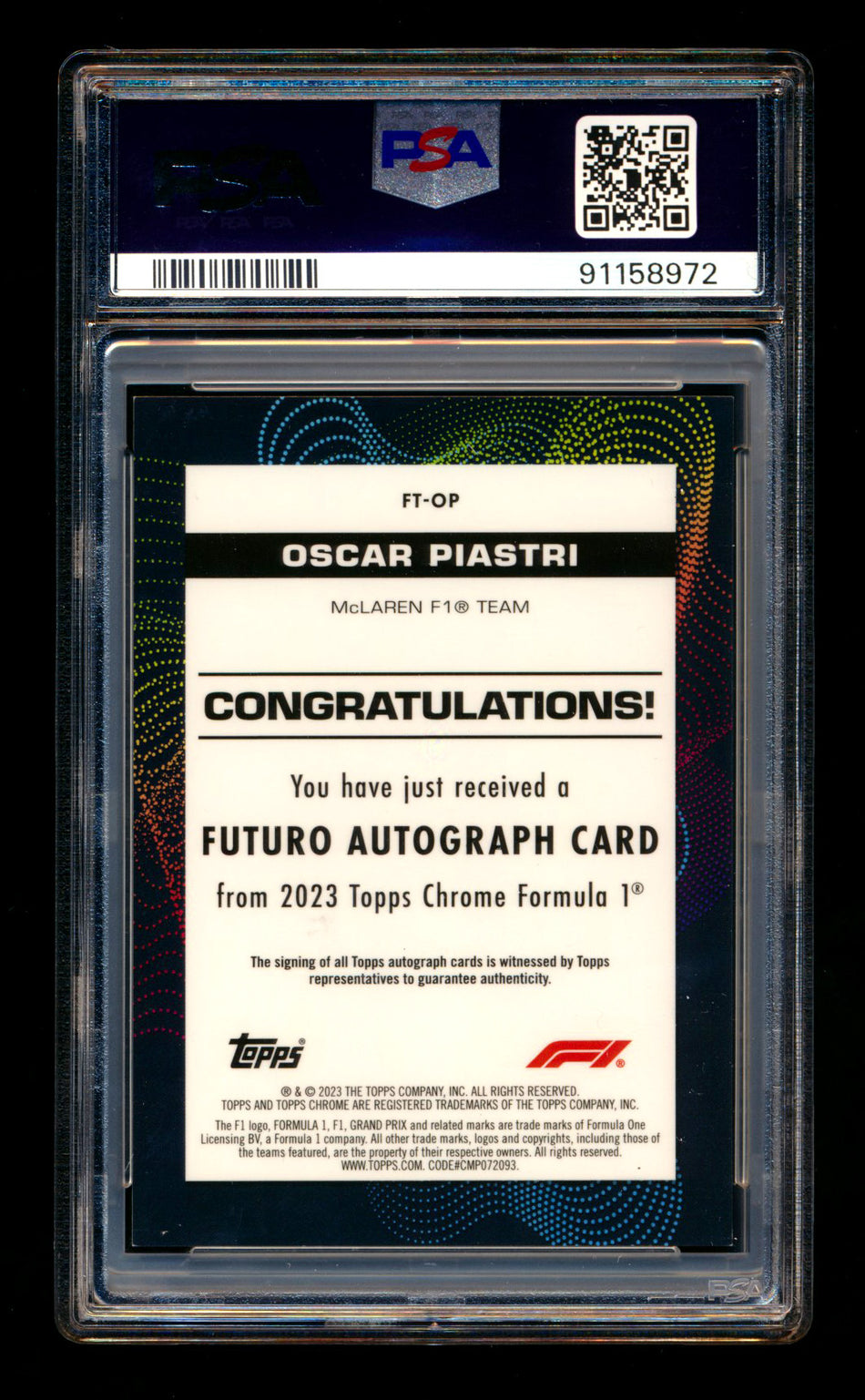 2023 Topps Chrome F1 Futuro #FT-OP Oscar Piastri RC Refractor Autograph #19/50 PSA 8