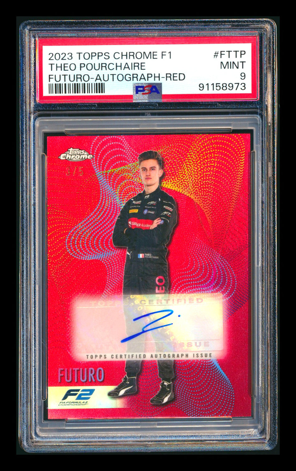 2023 Topps Chrome F1 Futuro #FT-TP Theo Pourchaire RC Red Refractor Autograph #3/5 PSA 9