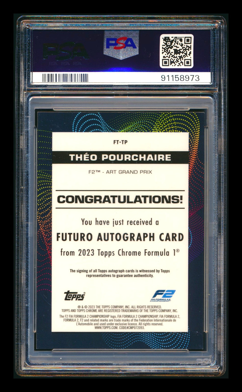 2023 Topps Chrome F1 Futuro #FT-TP Theo Pourchaire RC Red Refractor Autograph #3/5 PSA 9