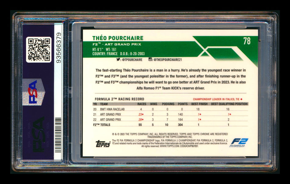 2023 Topps Chrome Sapphire F1 #78 Theo Poruchaire RC Red Refractor #3/5 PSA 9
