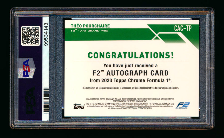 2023 Topps Chrome F1 #CAC-TP Theo Pourchaire RC Refractor Autograph PSA 10