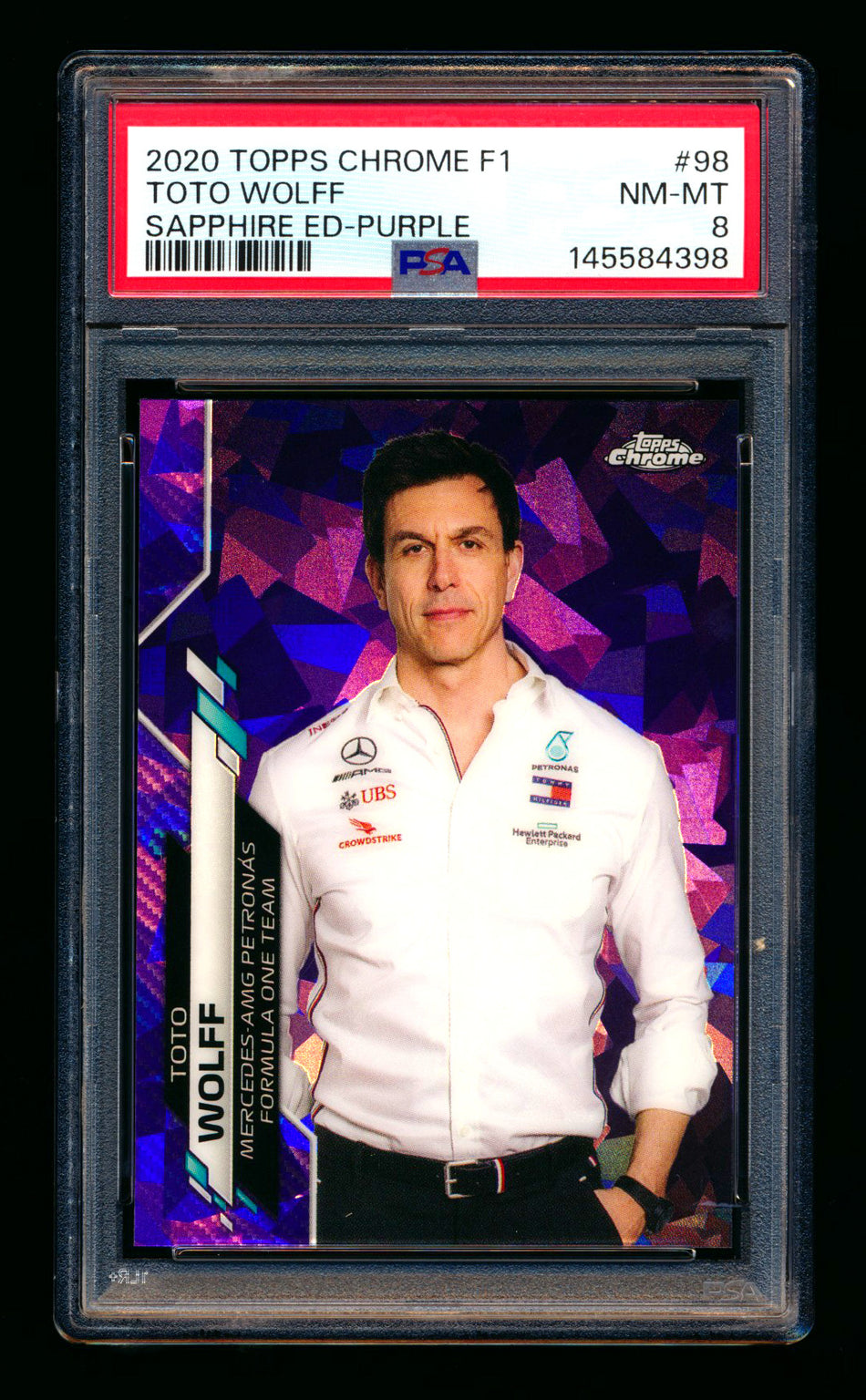 2020 Topps Chrome Sapphire F1 #98 Toto Wolff RC Purple Refractor #07/10 PSA 8