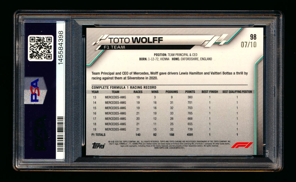 2020 Topps Chrome Sapphire F1 #98 Toto Wolff RC Purple Refractor #07/10 PSA 8