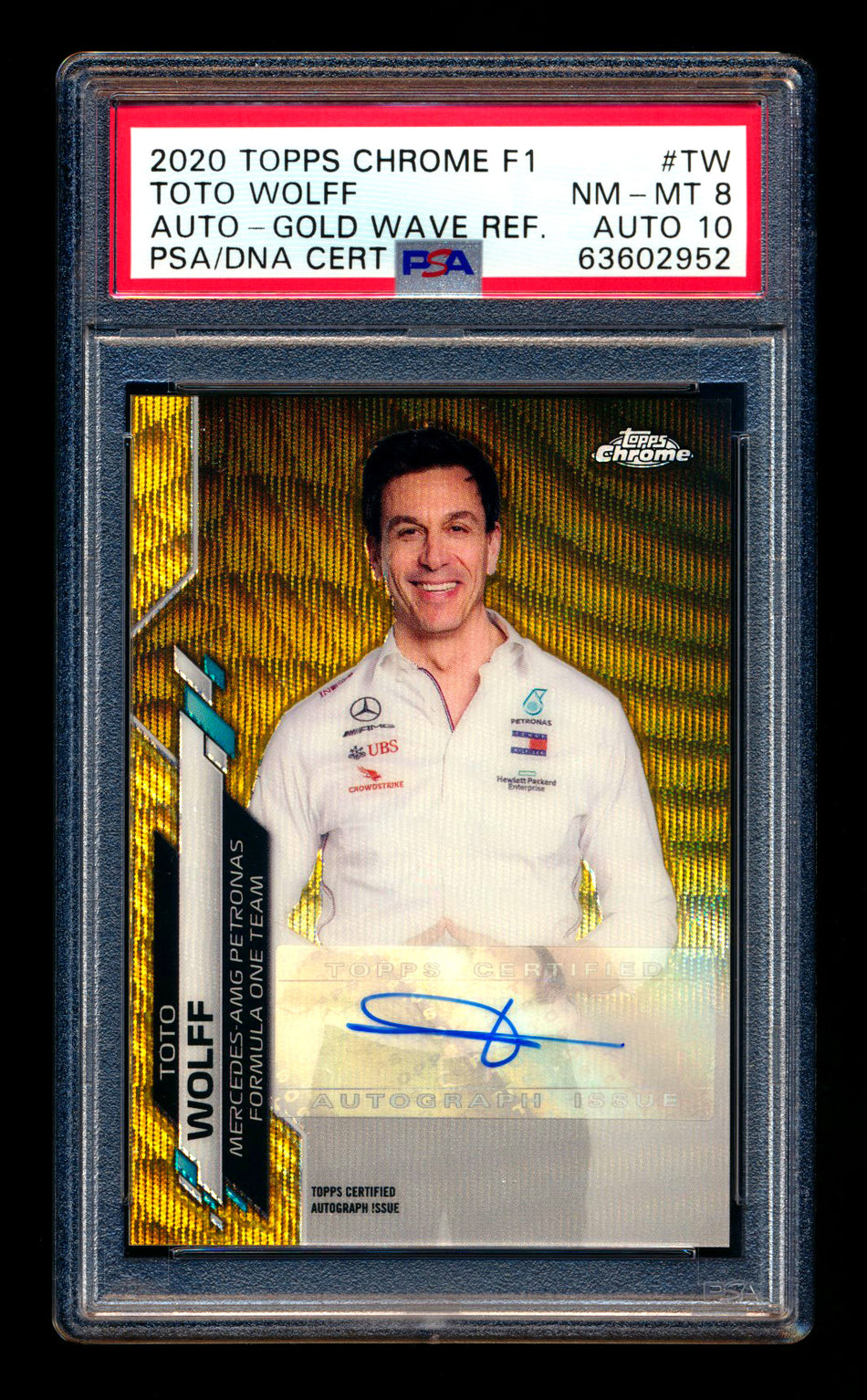 2020 Topps Chrome F1 #F1A-TW Toto Wolff RC Gold Wave Refractor Autograph #32/50 PSA 8 DNA 10