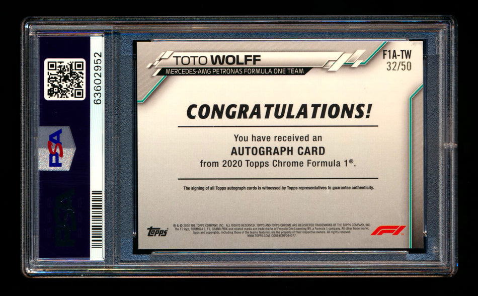 2020 Topps Chrome F1 #F1A-TW Toto Wolff RC Gold Wave Refractor Autograph #32/50 PSA 8 DNA 10