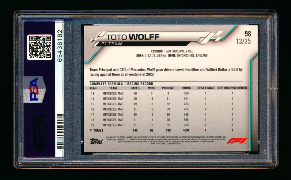 2020 Topps Chrome F1 #98 Toto Wolff RC Orange Refractor #13/25 PSA 8