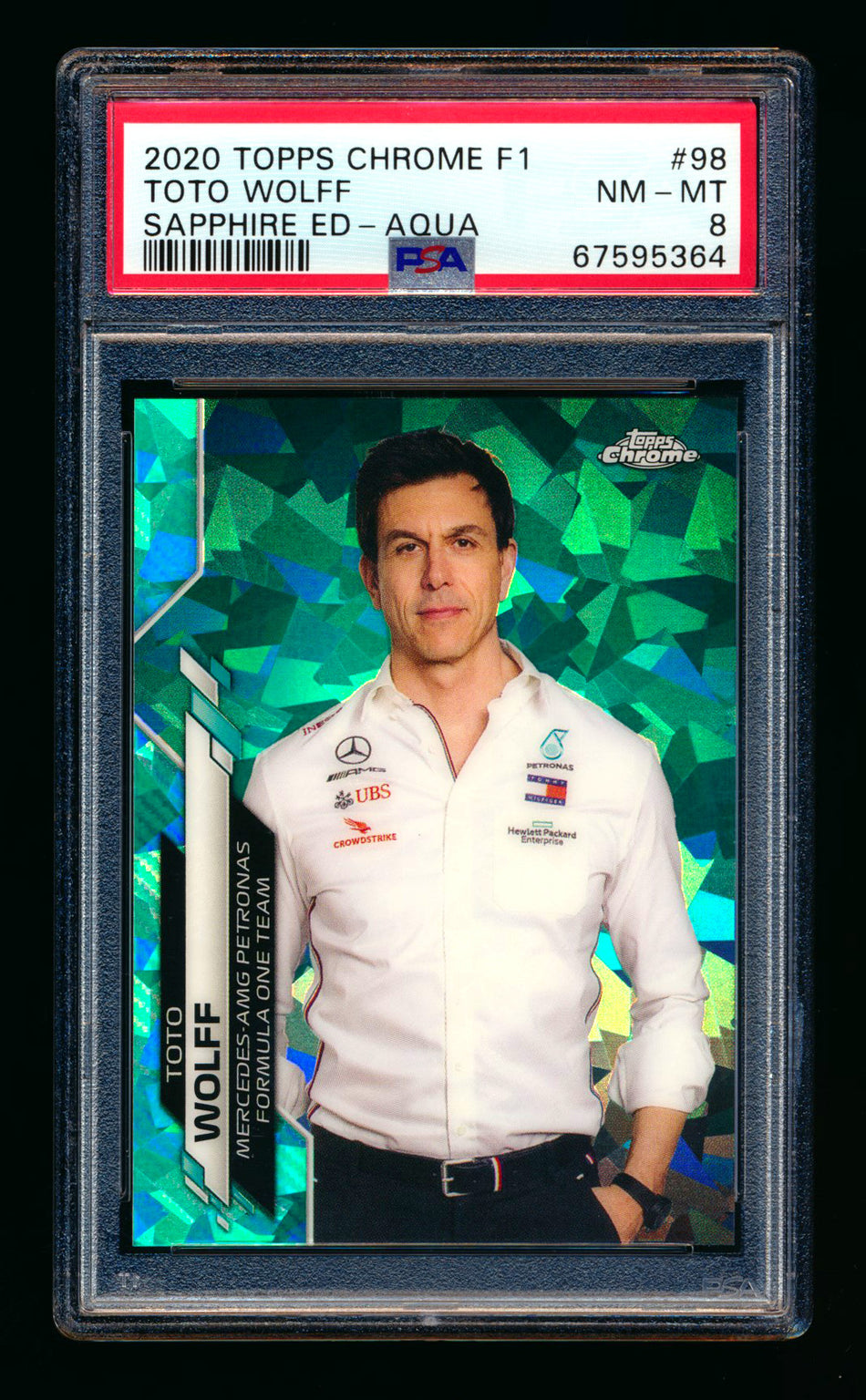 2020 Topps Chrome Sapphire F1 #98 Toto Wolff RC Aqua Refractor #64/99 PSA 8