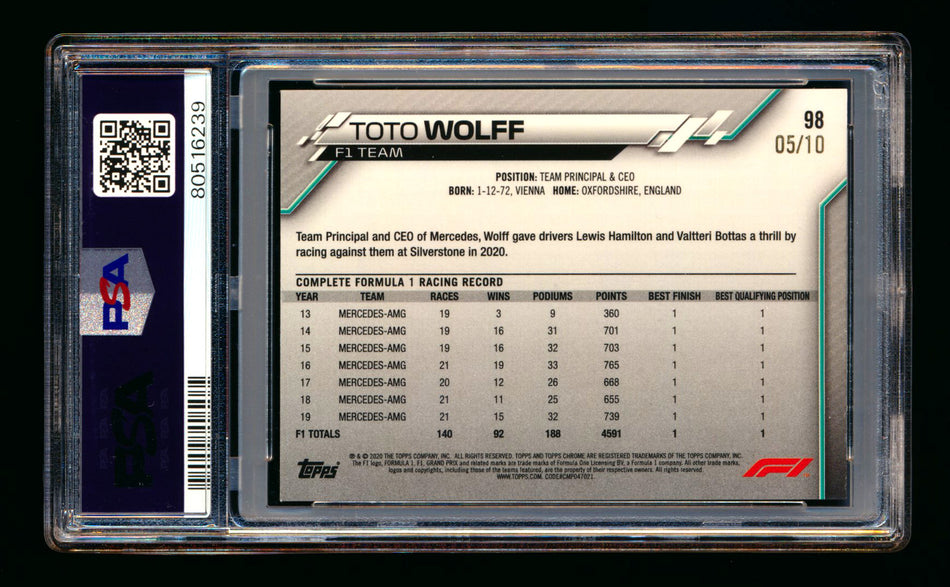 2020 Topps Chrome Sapphire F1 #98 Toto Wolff RC Purple Refractor #05/10 PSA 10