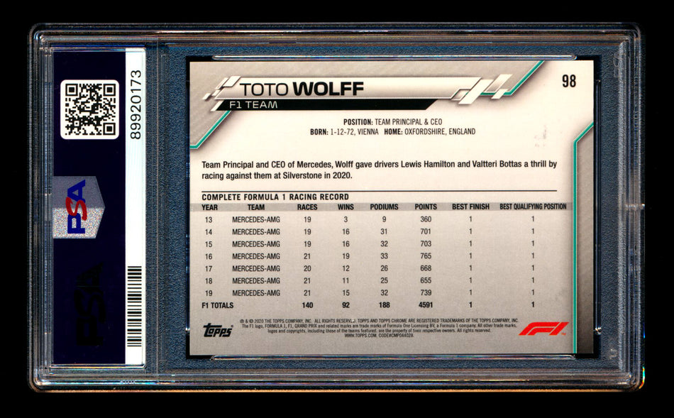 2020 Topps Chrome F1 #98 Toto Wolff RC 70th Anniversary Orange Refractor PSA 9 ** (SOLD - $55.00 - 12/30/2024) **