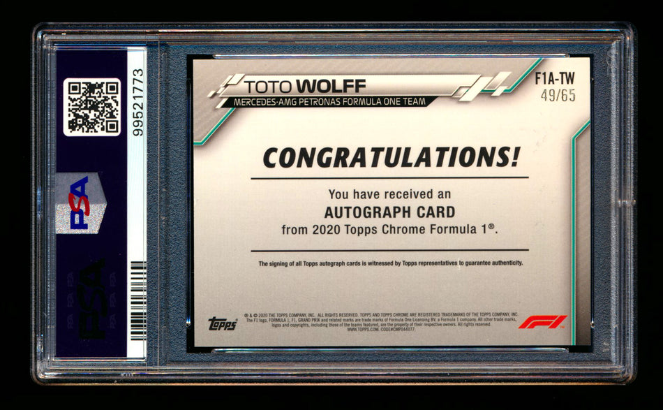 2020 Topps Chrome F1 #F1A-TW Toto Wolff RC Refractor Autograph #49/65 PSA 8 DNA 9