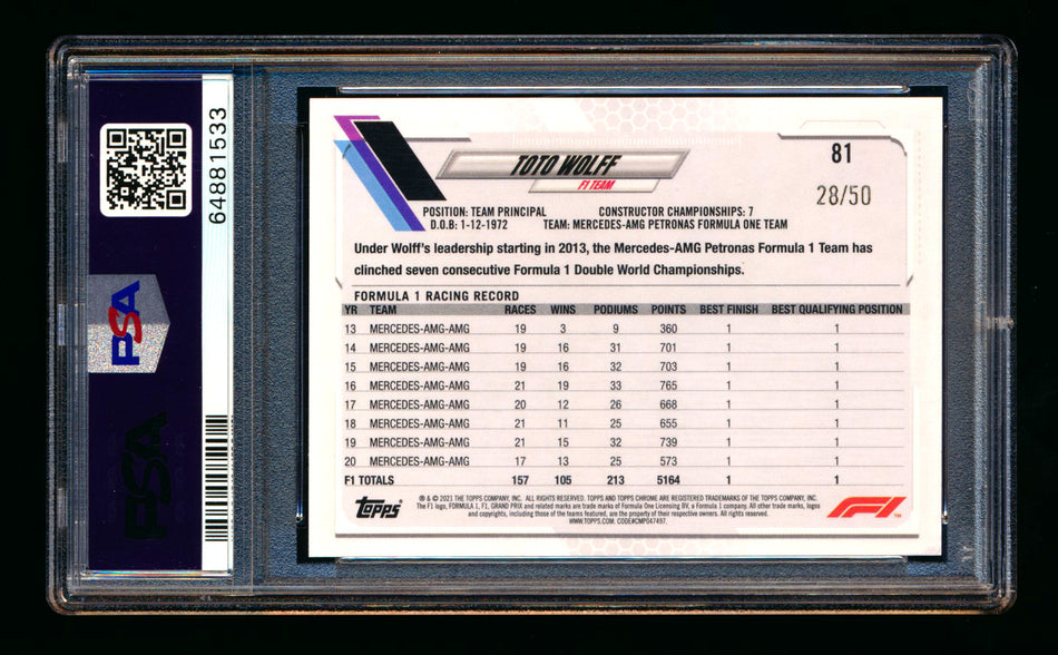 2021 Topps Chrome F1 #81 Toto Wolff Gold Refractor #28/50 PSA 10 ** (SOLD - $39.00 - 11/18/2024) **
